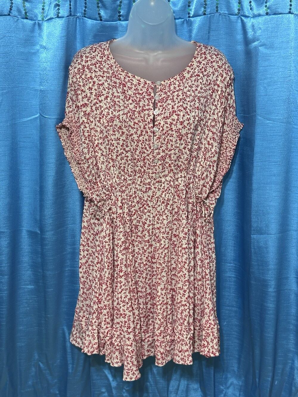 Free People Sz Small One Fine Day Red & White Floral Mini Dress Tunic Pockets